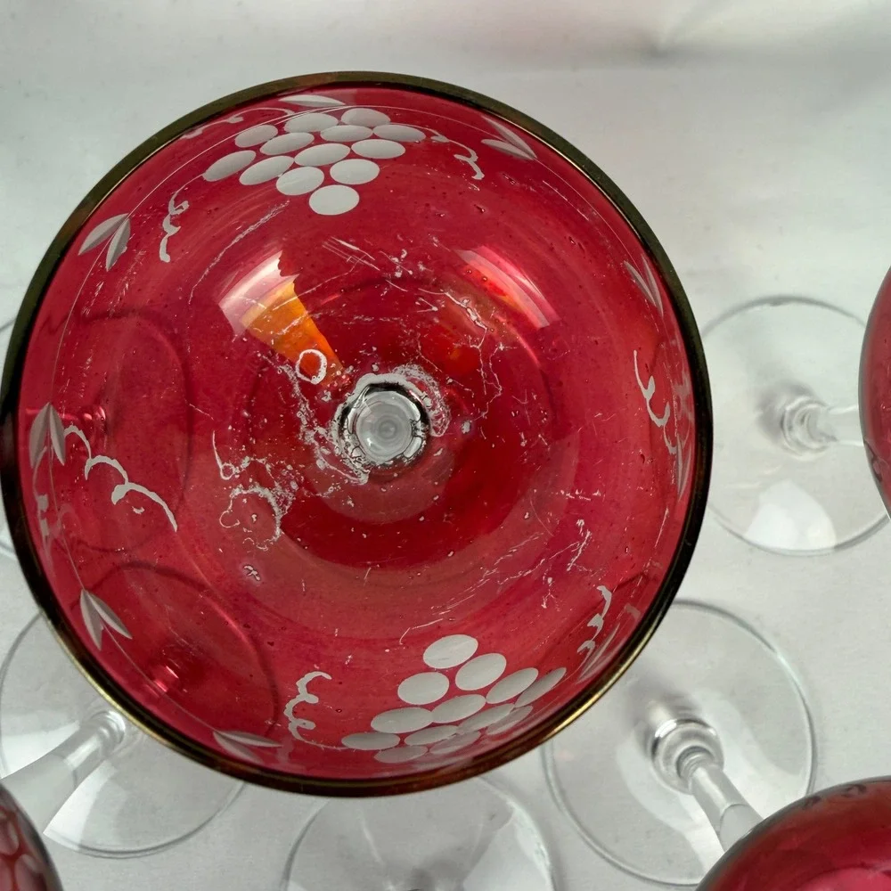 Vintage Cranberry Glass Cordial Set 6 Red Etched Grape Vine Clear Stem Barware